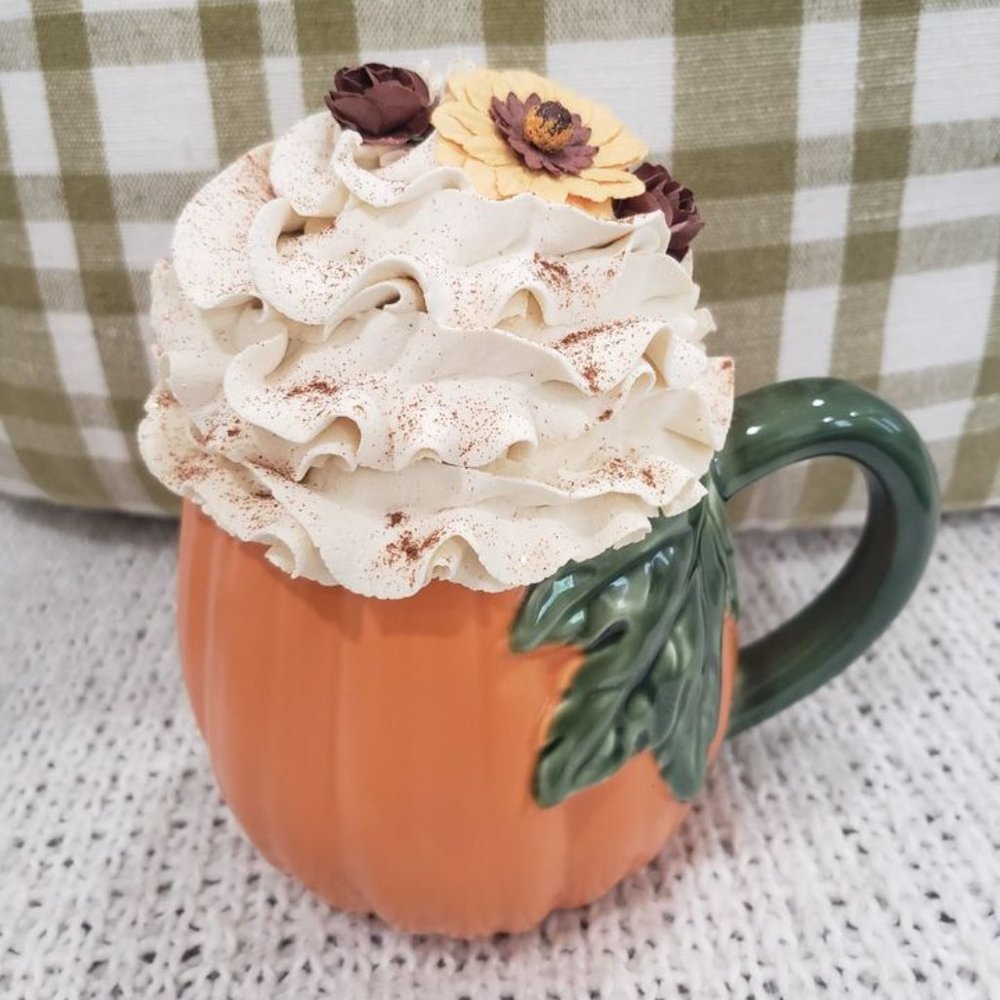 Pip Posh Faux Sweet Décor Orange Pumpkin Mug & Ivory Sunflower Whipped Topper